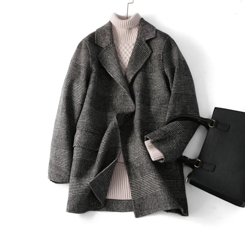 Handmade Sewn Double-sided Woolen Blazer Women Spring Autumn Plaid Wool Overcoat Office Lady Casual Suit Coat Thick Jacket