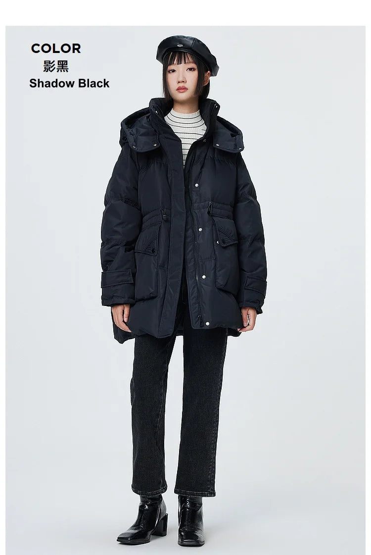 Metersbonwe Women's  Oversized Long Hooded Down Jacket Adjustable Pig Nose Buckle Waist Belt Utility Duck Down Parka Warm Winter