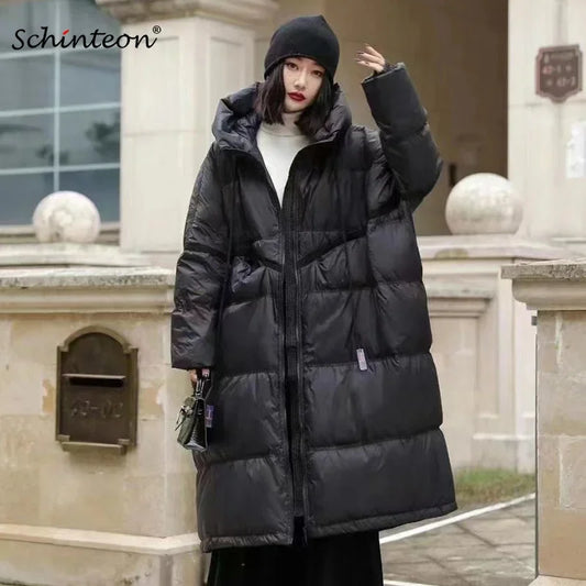 Schinteon Women White Duck Down Jacket with Hood Autumn Winter Warm Long Outwear Over Size Loose Coat 2025 New