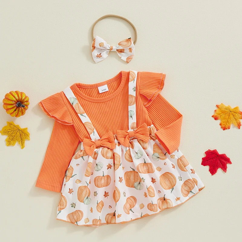 Newborn Baby Girl Halloween Clothes Outfit Pumpkin Ghost Print Long Sleeve Crew Neck Patchwork Romper Dress with Headband