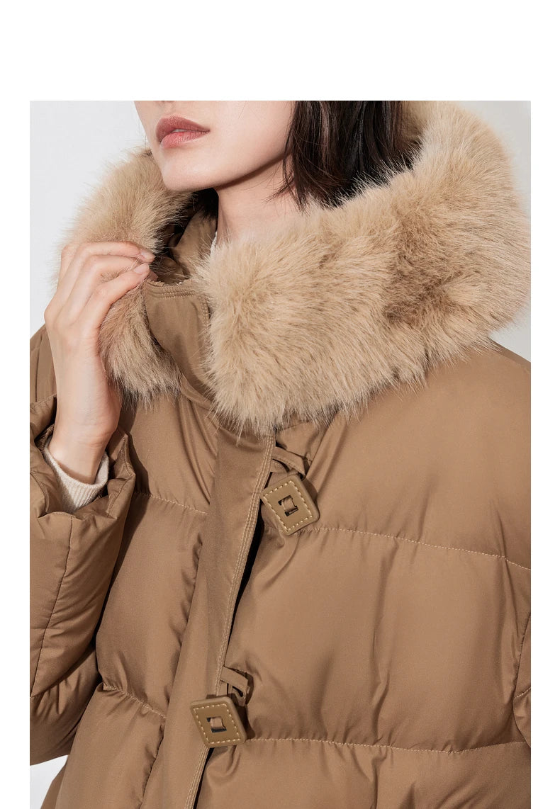 TOYOUTH Women Down Jacket 2024 Winter New 90% White Duck Down Fur Collar Hooded Warm Jacket Coat