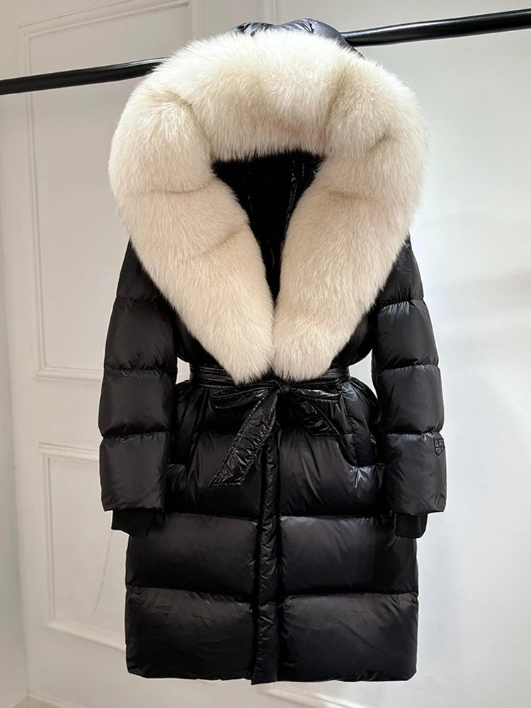 Janveny Winter Real Natural Fox Fur Hooded Long Puffer Down Jacket Women 90% Goose Down Coat Thick Warm Female Shiny Parkas