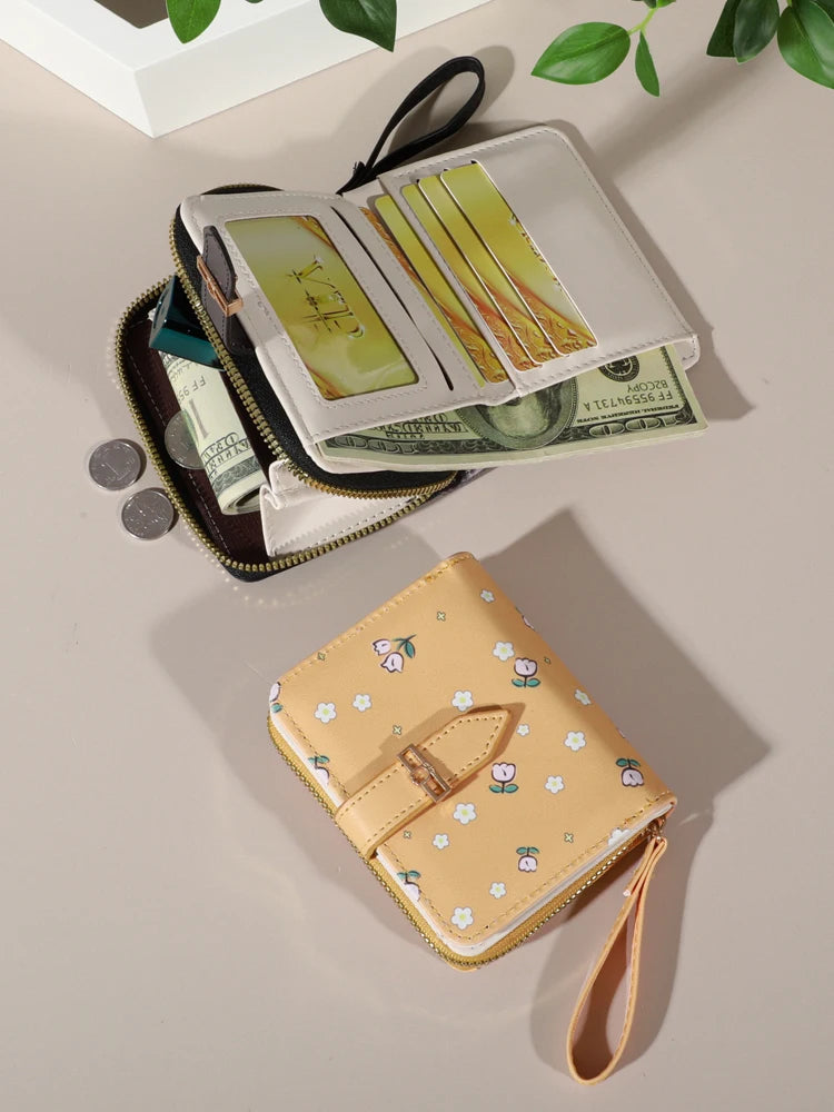 Flower patterned credit card holder for women or men's small card case with zipper hand-held wallet