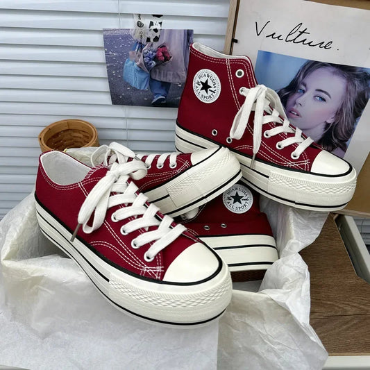2024 New Style Korean Versatilewine Red High Top Shiny Canva Women's Shoes With Thick Sole 4CM Low Top Sneaker H-1
