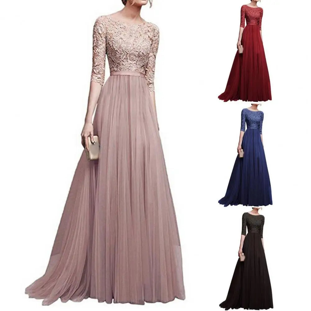 Women Maxi Dress Elegant Lace Flower Embroidered Maxi Evening Dress for Women Round Neck Half Sleeve Tight Waist Floor Length