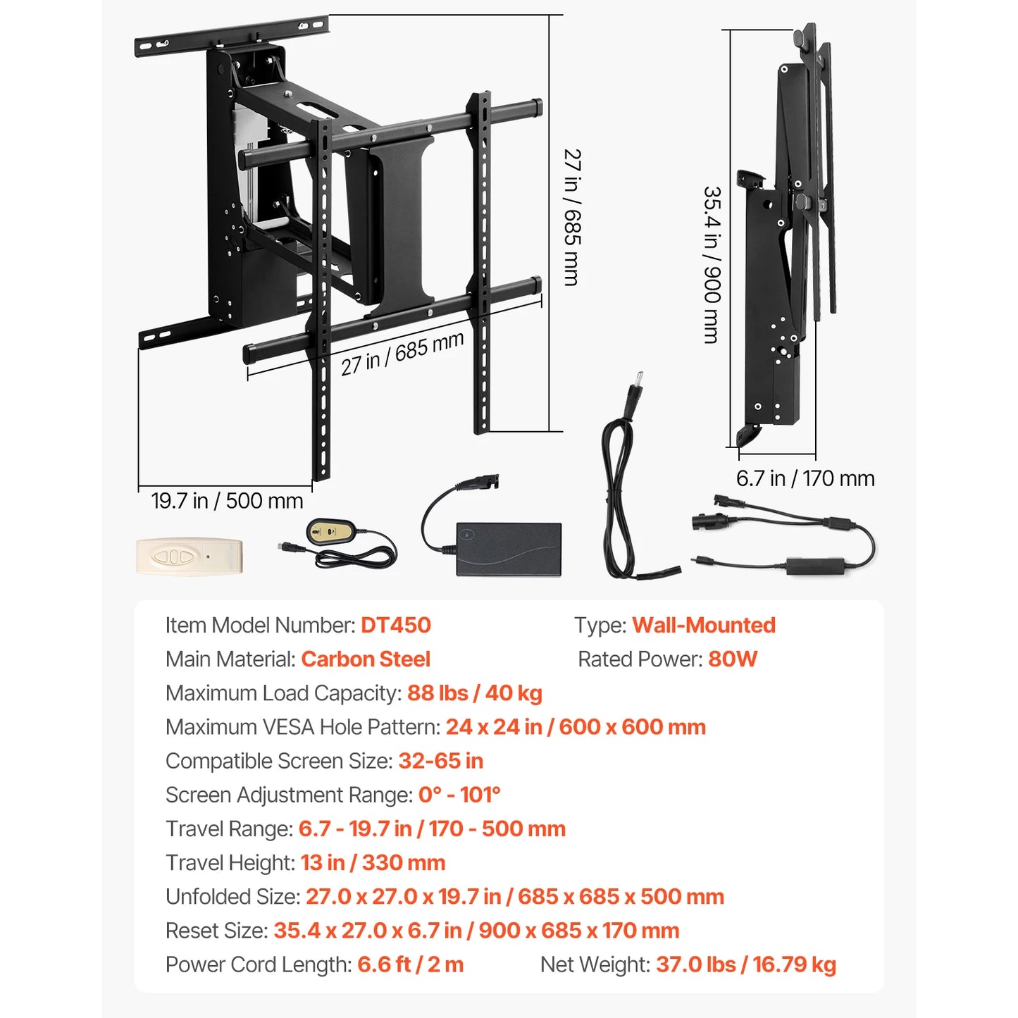 SucceBuy Motorized TV Wall Mount for 32 to 55/65/70 Inch Adjustable TV Mount Bracket w/ Max VESA 24 x 16/24 in Up to 88-132 lbs