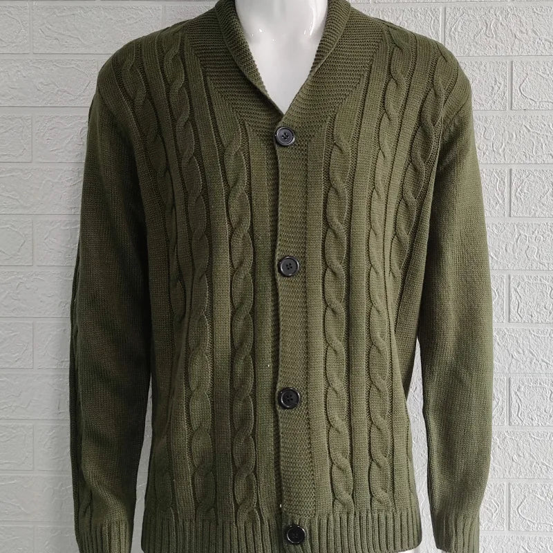 Autumn Winter Men's Warm Knitted Sweater Solid Single-breasted Twisted Texture Cardigan Lapel Slim Buttoned Thick Sweater Male