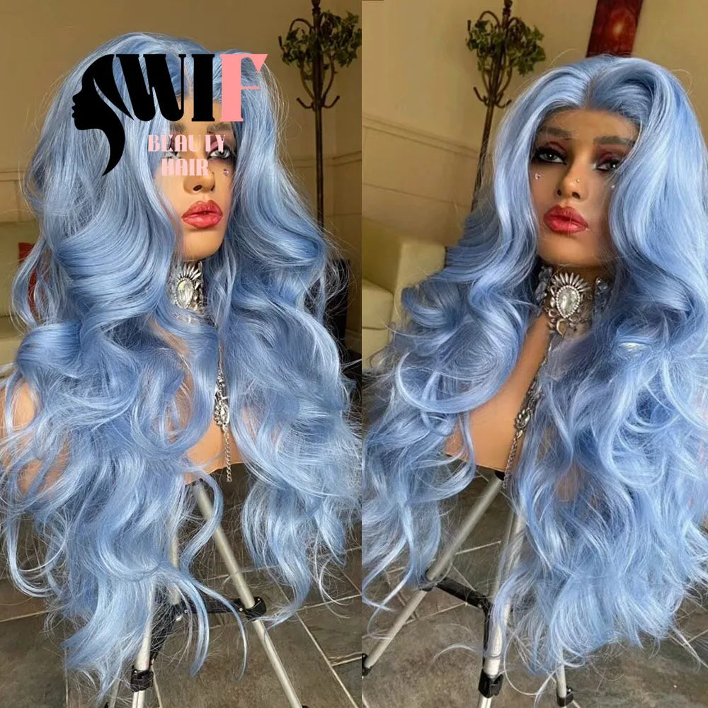 WIF Light Blue Body Wavy Synthetic Wig Natural Hairline Blue Hair Long Wavy Heat Lace Front Wigs Cosplay Use Women Makeup Wig