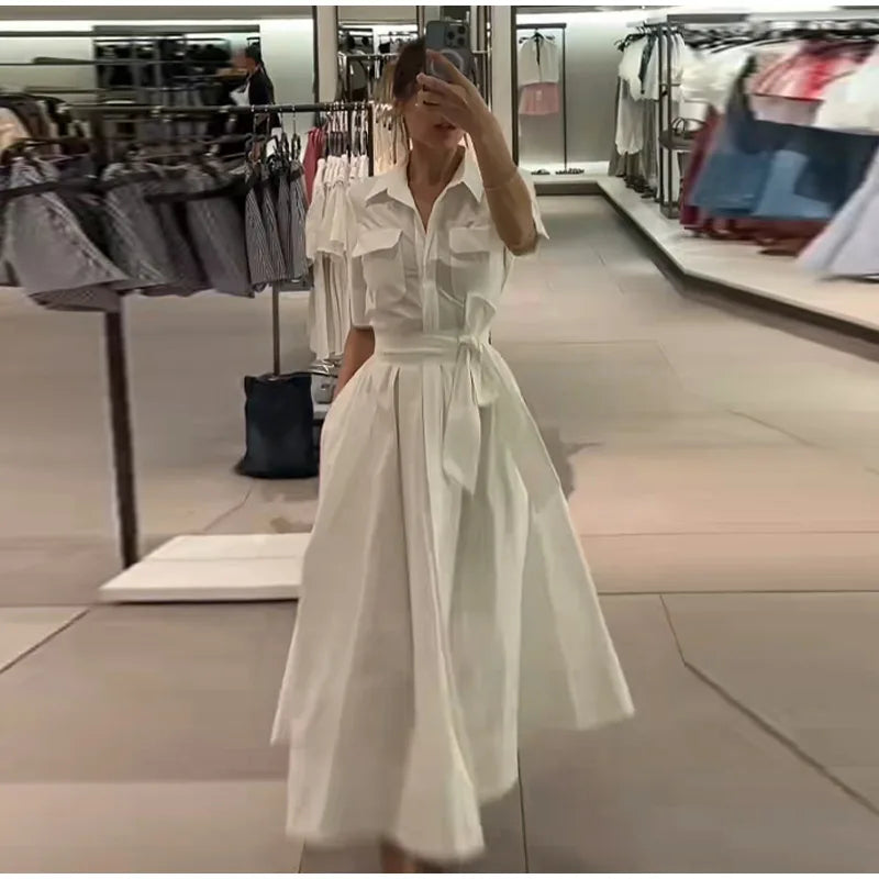 Elegant Single Breasted Khaki Long Dress Women Lapel Short Sleeve Pleat Slim Waist A-line Dresses 2025 Summer Autumn Lady Robes