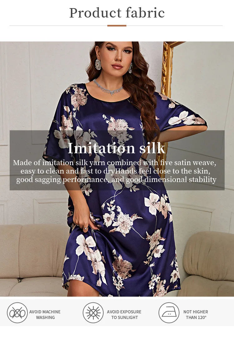 Plus Size Silk Satin Short Sleeves O Neck Women Nightgown Floral Print Sleepwear Nightwear Female Homewear Lounge Clothes