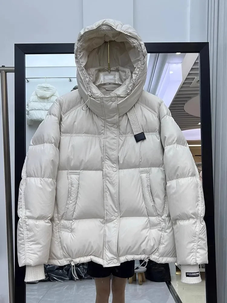 Schinteon Women White Duck Down Jacket with Hood Autumn Winter Warm Outwear Korean Style Over Size Loose Solid Color Coat 2025