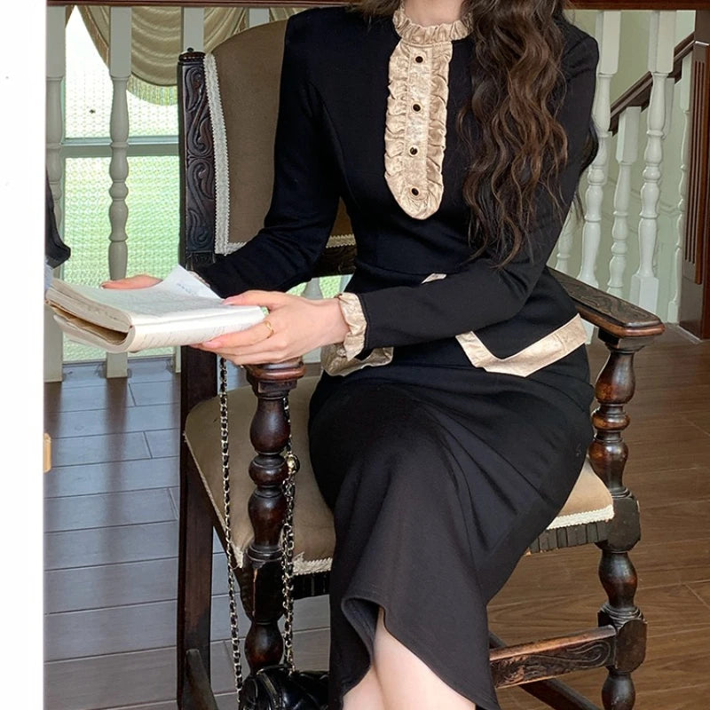 Women Clothes Black Vintage Outfits Elegant Ruffle O-Neck Tops Shirt Blouse And High Waist Midi Skirt Mujer 2 Pieces Set Formal