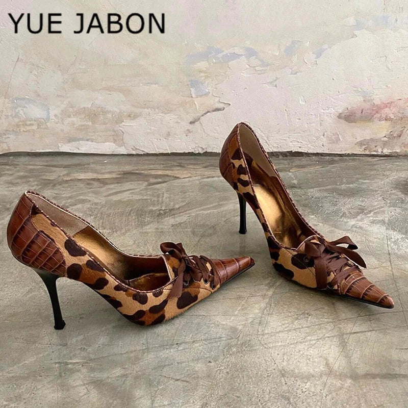 Sexy Leopard Print High Heels Women Black Pointed Toe Pumps Women Lace Up Elegant Designer Sandal Rhinestone Party Dress Shoes