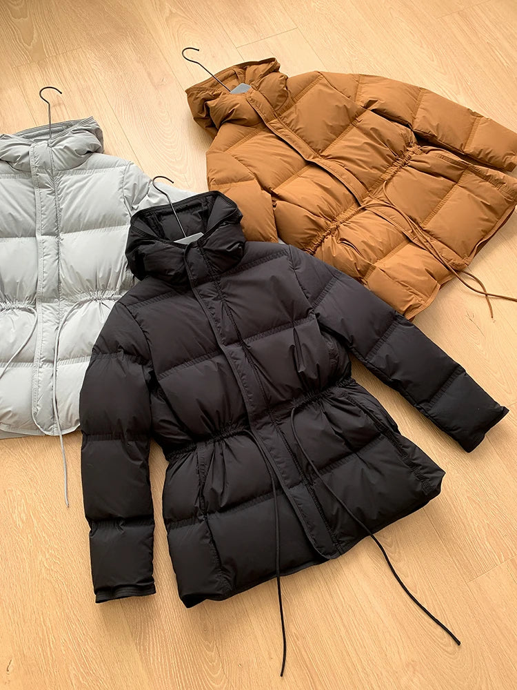 2023 New Autumn Winter Women Fashion Hooded 90% White Duck Down Coat Lady Slim Thick Warm Zipper Drawstring Lace-up Snow Jacket