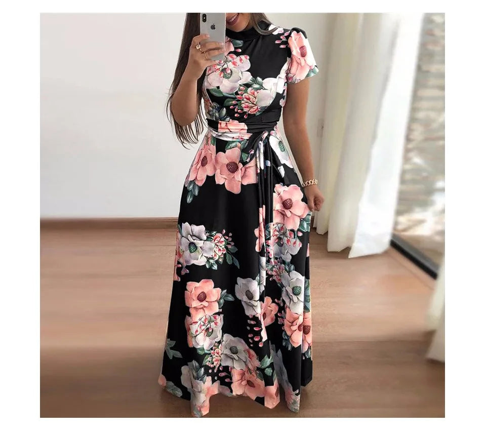 Women Summer Maxi Dress 2025 Casual Long Sleeve Boho Floral Print LOOSE Dress Turtleneck Bandage Elegant Party Dresses Vestidos