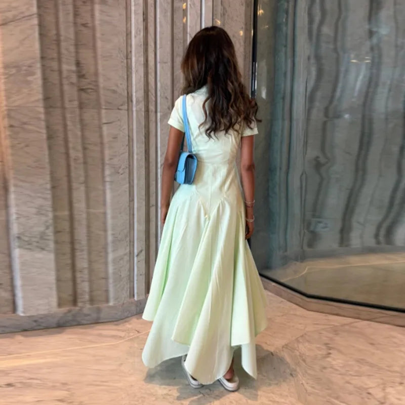 Elegant Single Breasted Khaki Long Dress Women Lapel Short Sleeve Pleat Slim Waist A-line Dresses 2025 Summer Autumn Lady Robes