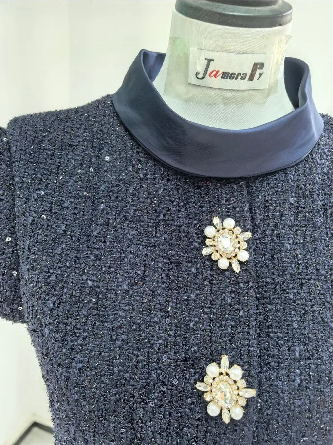 Maxi Formal Luxury Evening Dresses Women Summer Autumn Single Breasted Crystal Satin Tweed Long Dress Blue Party Dinner Vestidos