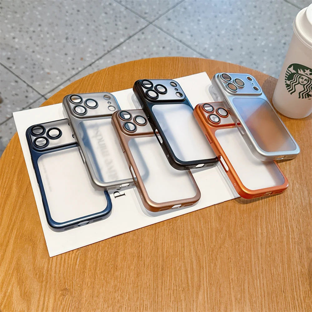 Luxury Frosted Transparent Matte Phone Case For iPhone 16 15 17 Pro Max Air Full Lens Protector Metallic Color Frame Armor Cover