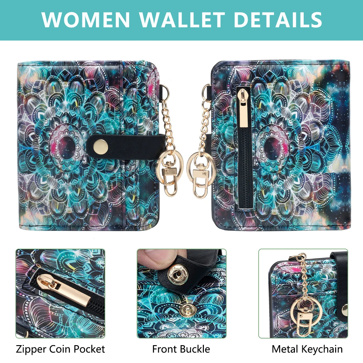 Mandala Flower Pattern Rfid Women's Wallet, Ultra-Thin and Compact Credit Card Wallet with Key Chain, Pu Leather Folding Zipper Coin Bag Id Card Transparent Window, Suitable for Women/Girls/Girls