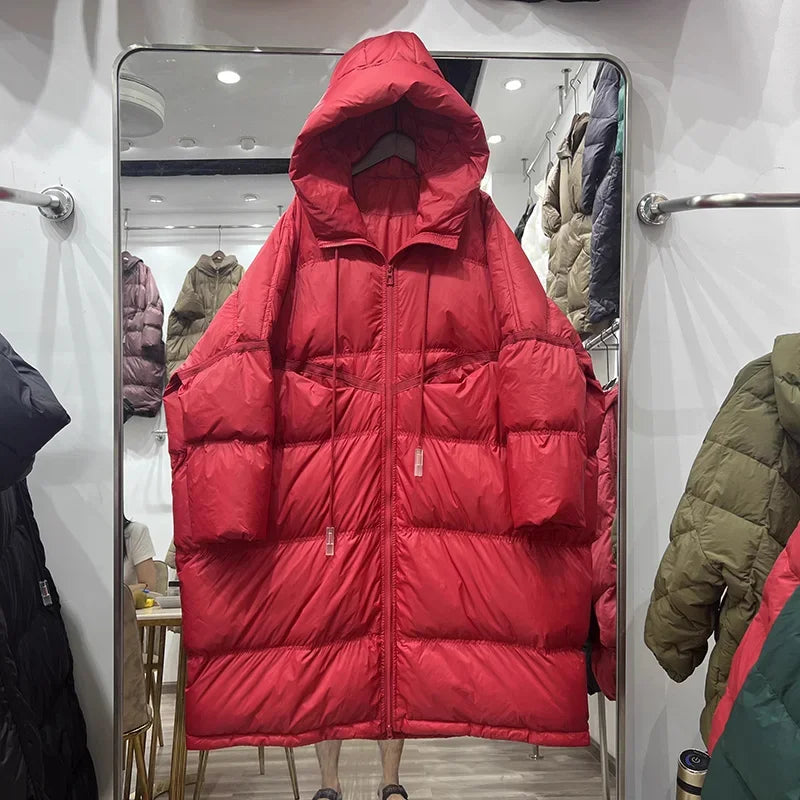 Schinteon Women White Duck Down Jacket with Hood Autumn Winter Warm Long Outwear Over Size Loose Coat 2025 New