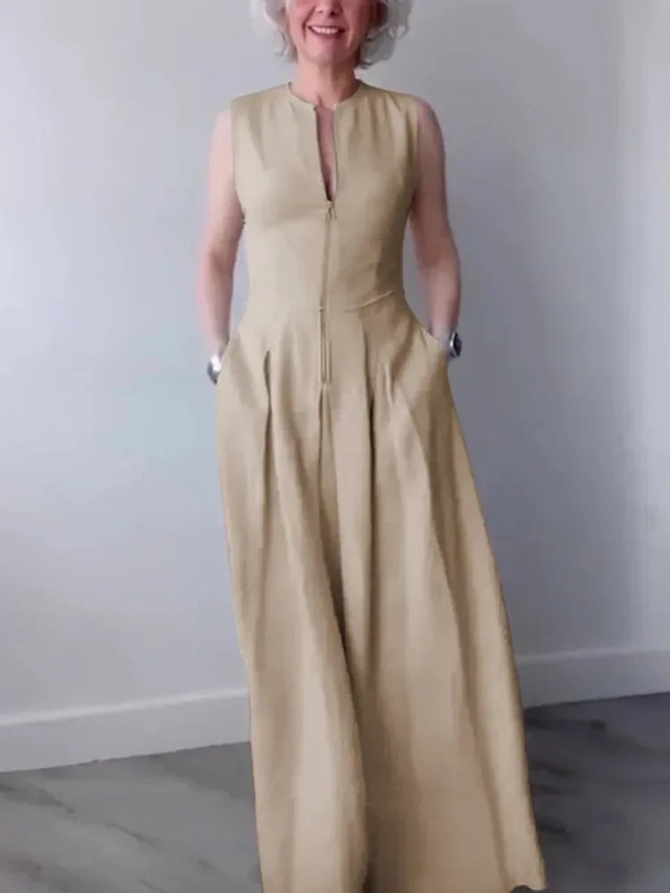 Lemongor Women Fashion Solid Color Zipper A-Line Dress 2025 New Summer Sleeveless Pockets Pleated Party Evening Maxi Dresses