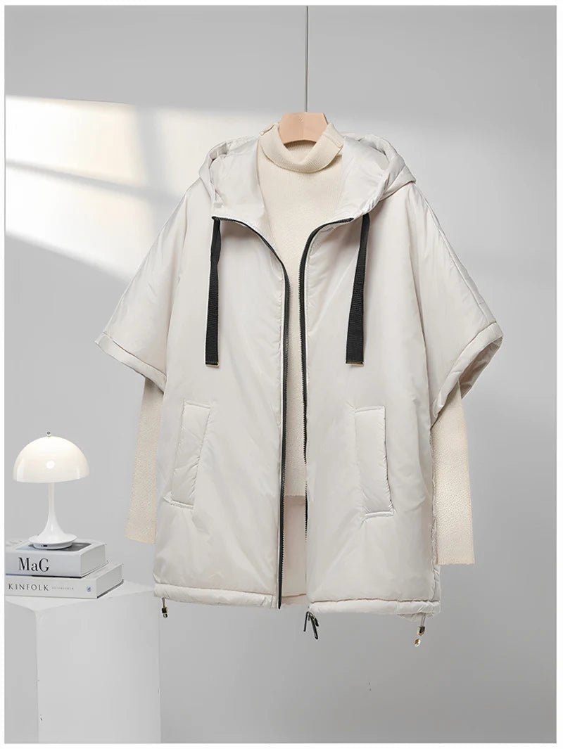 Schinteon Women Camel Down Cape Vest with Hood Loose Sleeveless Gilet Solid Fashionable Autumn Winter Jacket 2025 New