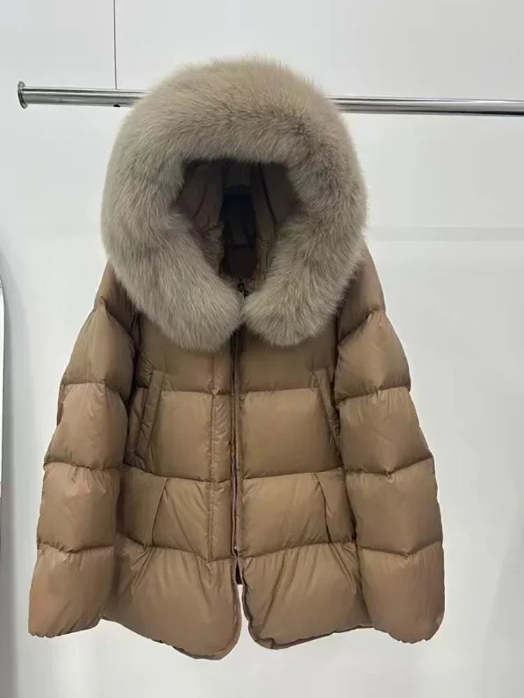 Schinteon Women 100% Real Fox Fur Collar White Duck Down Jacket with Hood Autumn Winter Warm Casual A-lined Warm Outwear Cape