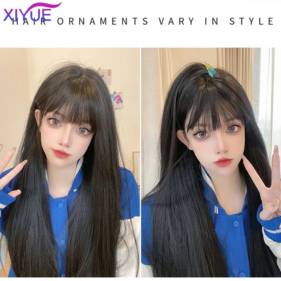 XIYUE Long Straight Black Wig With Bang Synthetic Wigs for Women Heat Resistant Natural Hair for Daily Halloween Cosplay Party