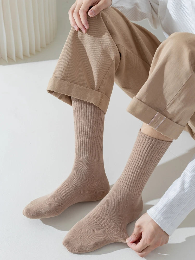 Men's High Quality Business Pure Cotton Socks Solid Color Fashion Casual Long Socks Harajuku Retro Wear-resistant Sports Socks
