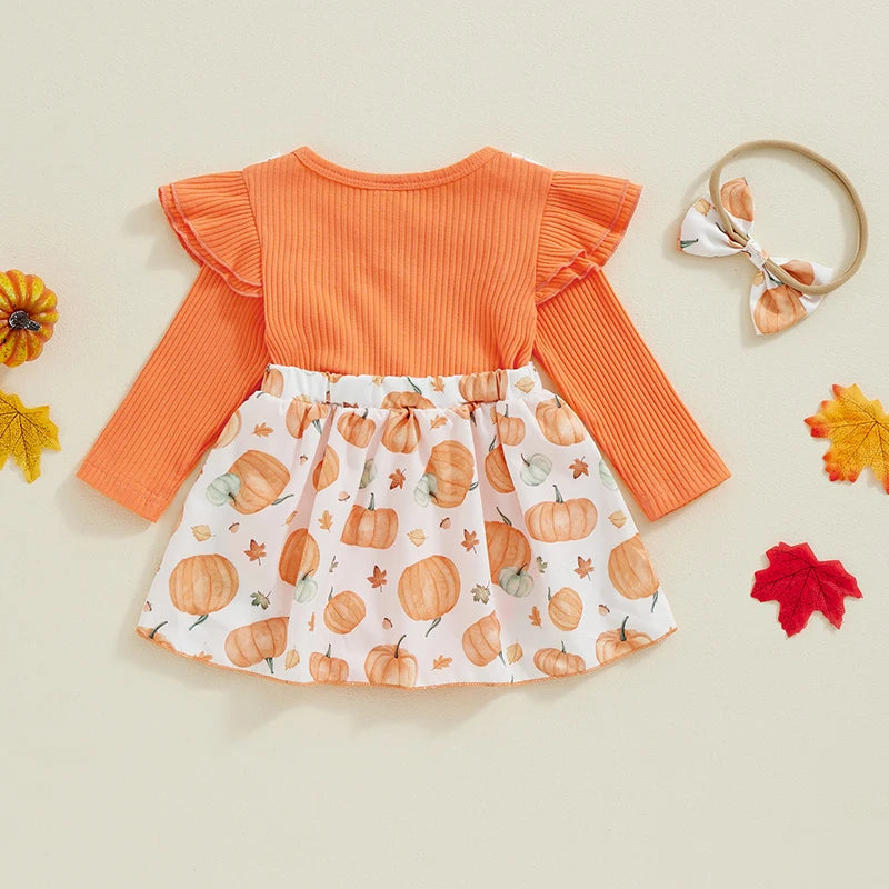 Newborn Baby Girl Halloween Clothes Outfit Pumpkin Ghost Print Long Sleeve Crew Neck Patchwork Romper Dress with Headband