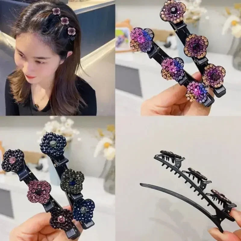 1PC Fashion Four-leaf Clover Braided Hair Finishing Side Clip Sparkling Crystal Stone Braided Hair Clips Forehead Bangs Clip