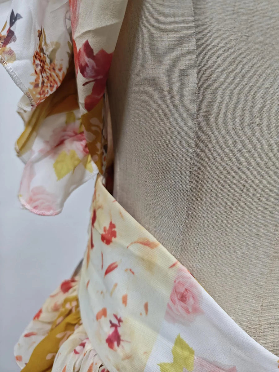 VGH Runway Style Maxi Dresses for Women V Neck Sleeveless High Waist Patchwork Ruffles Edge French Sexy Printed Dress Female New