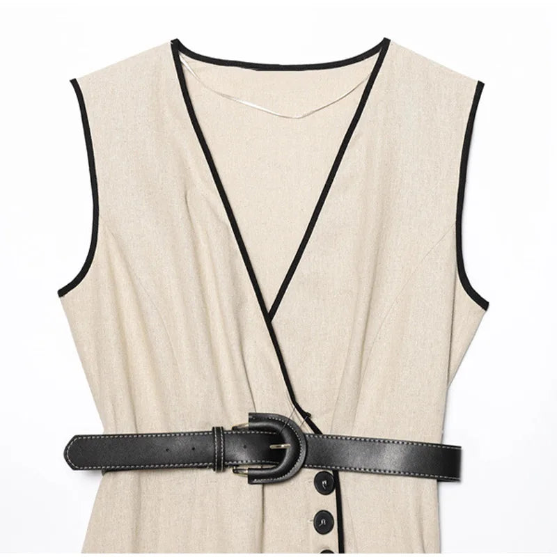 Y2K Patchwork V-neck Midi Dress With Belt Women Elegant Sleeveless Evening Party Tank Dress Summer Vacation Chic Beach Vestidos