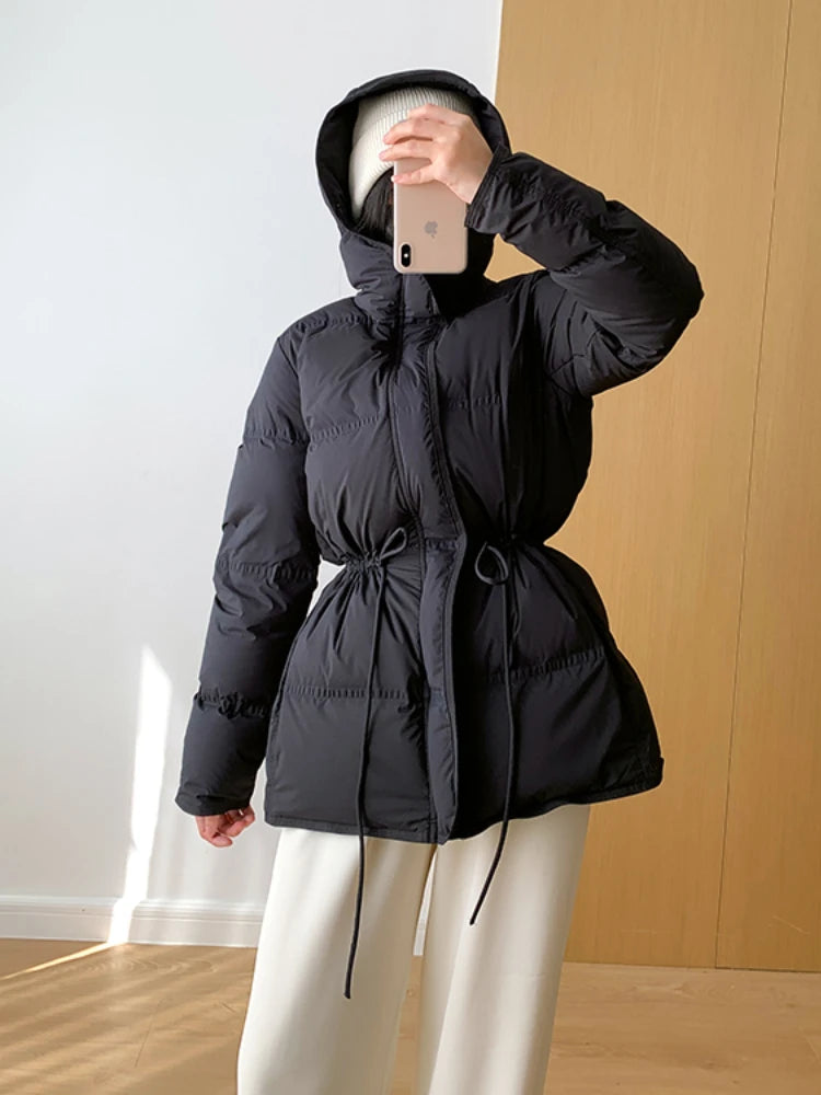 2023 New Autumn Winter Women Fashion Hooded 90% White Duck Down Coat Lady Slim Thick Warm Zipper Drawstring Lace-up Snow Jacket