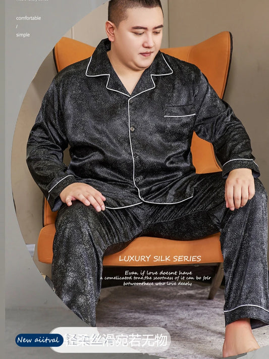 3XL-5XL 165KG Extra Large Size Pajamas Men Print Satin Long Sleeve Trouses Suit Spring Summer Fatty Fattening Loose Home Clothes