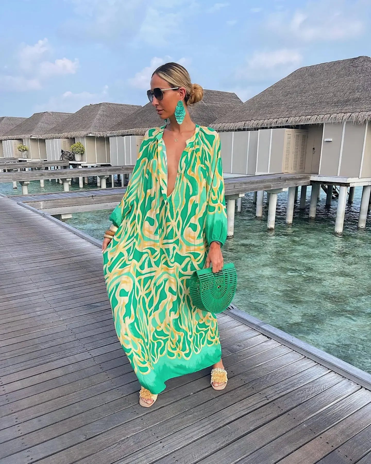 Women Maxi Dresses Summer Long Sleeve V-Neck Dress Fashion Printed Female Vacation Beach Long Dress Lady Elegant Loose  Robes