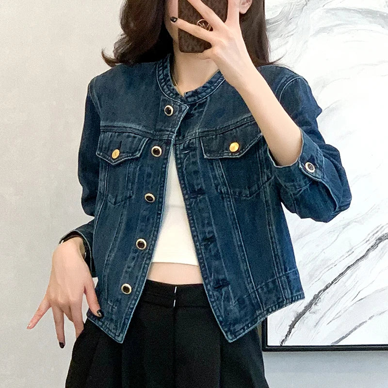 Vintage Women's O-Neck Denim Jacket Cropped Denim Jacket Long Sleeve Basic Single-Breasted Crop Jean Jacket Y2K Casual Coat Girl