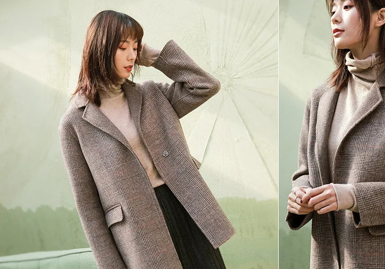Handmade Sewn Double-sided Woolen Blazer Women Spring Autumn Plaid Wool Overcoat Office Lady Casual Suit Coat Thick Jacket