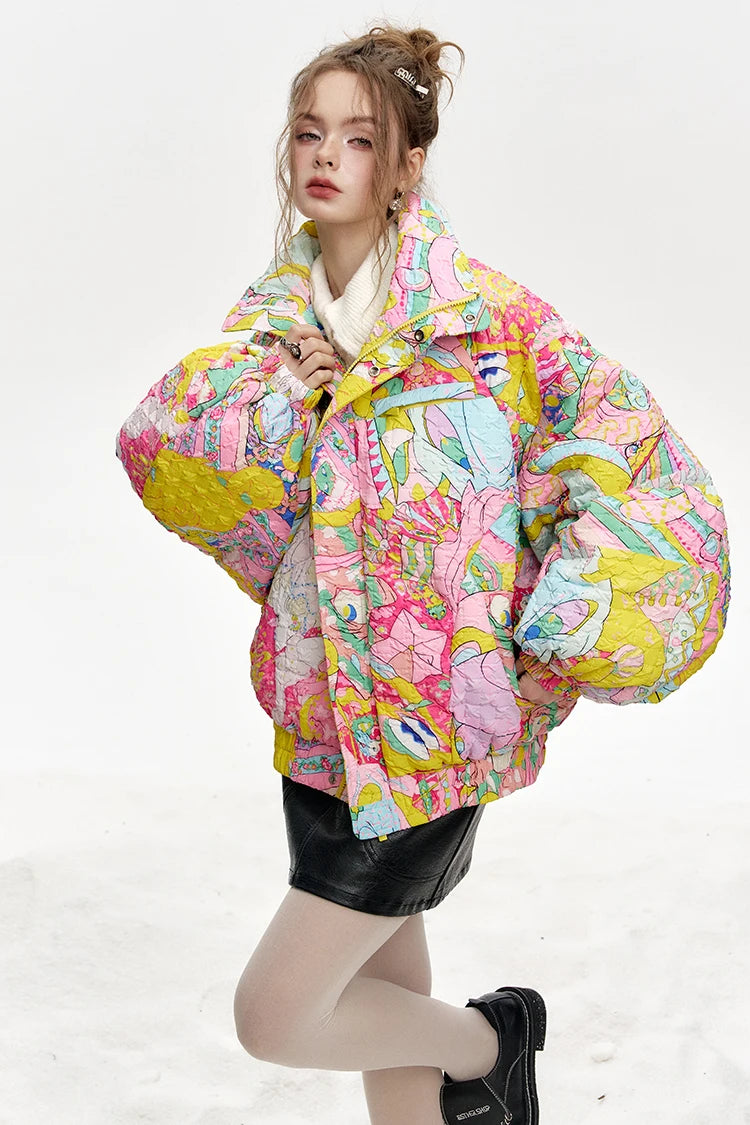 ELFSACK 2024 Winter New Arrivals Stand collar loose full printed short down jacket for women