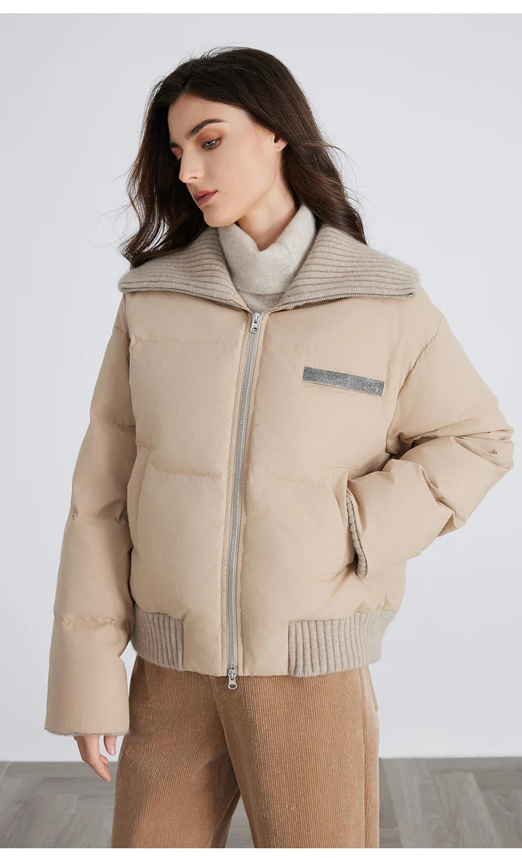 BC835 White goose down with large lapel warm zipper long-sleeved down jacket 100 cashmere warm coat