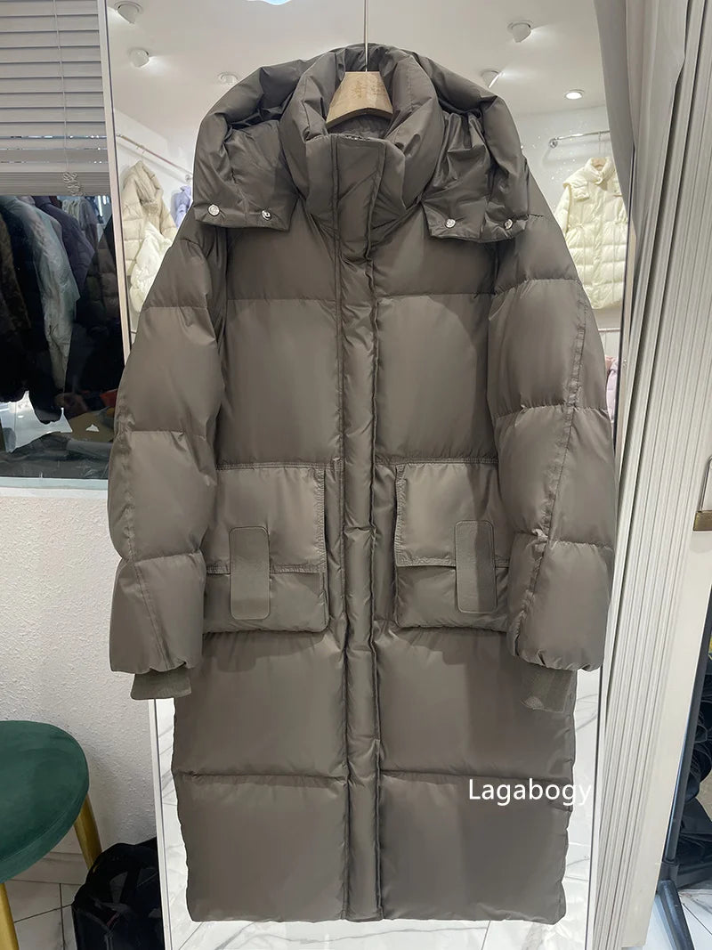 Lagabogy 2025 New Winter Women Puffer Jacket Female White Duck Down Coat Large Version of Warm Hooded Loose Thickened Long Parka