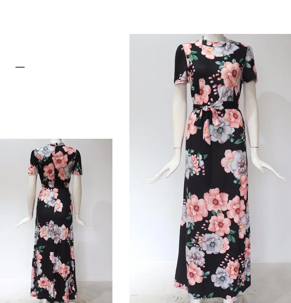 Women Summer Maxi Dress 2025 Casual Long Sleeve Boho Floral Print LOOSE Dress Turtleneck Bandage Elegant Party Dresses Vestidos