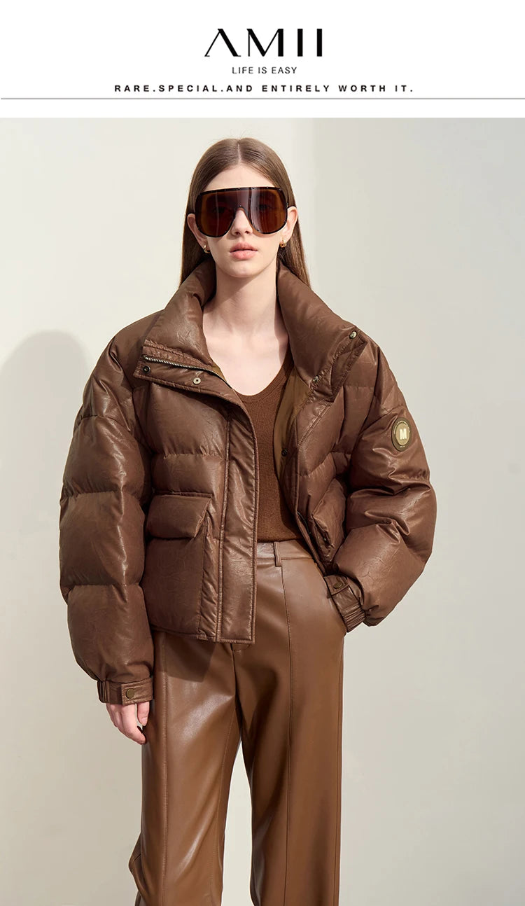 AMII Minimalist Women's Down Coat 2024 Winter Warm Thick Lapel Stand Collar Imitation Leather Duck Down Female Jacket 12444025