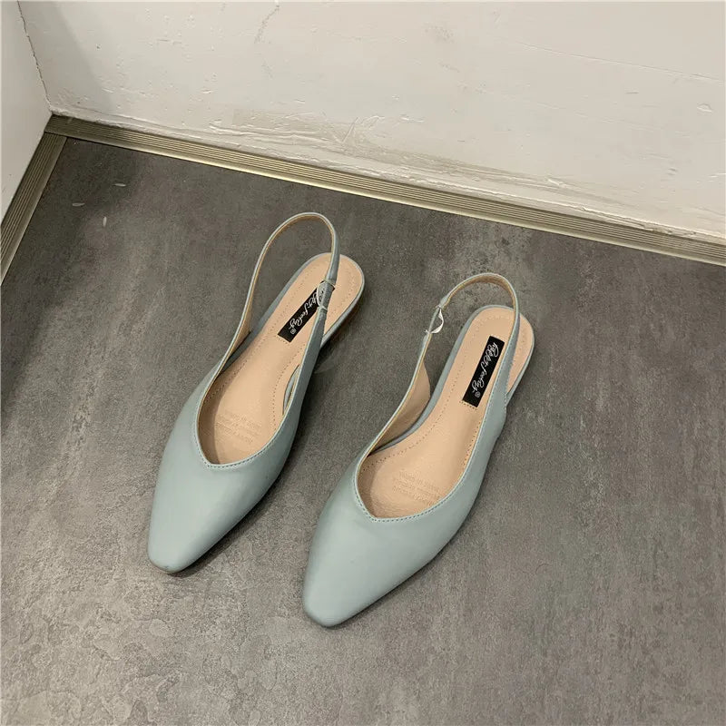 Elegant Slingback Flat Sandals Women Solid Leather Pointed Toe Shoes Summer Ladies Rear Strap Sandalias Low Heel Mary Janes 2025