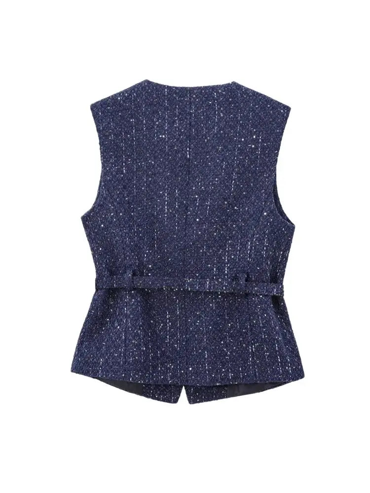 Women's Tweed Waistcoat with Belt, O Neck, Sleeveless, Front Button, Female Outerwear, Chic Tops, Fashion