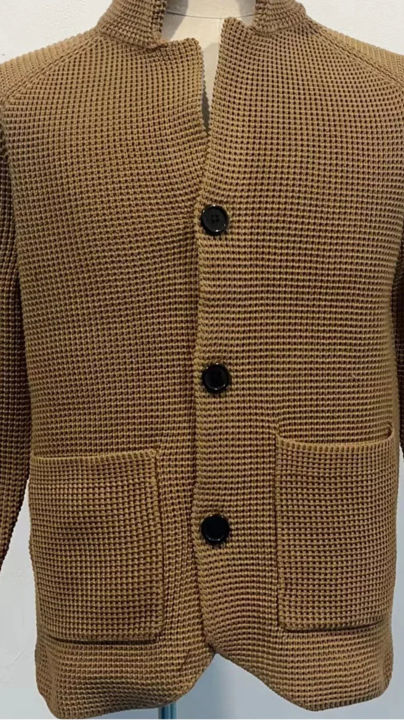 Sweaters Cardigan Men Coat Stand Collar Knitted Open Stitch Full Sleeve Splice Single Breasted Sweater Coats Autumn Winter