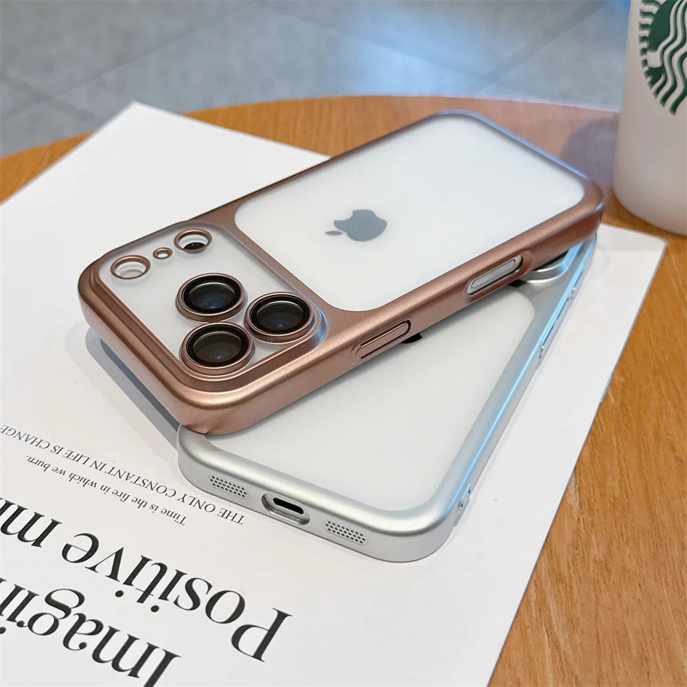 Luxury Frosted Transparent Matte Phone Case For iPhone 16 15 17 Pro Max Air Full Lens Protector Metallic Color Frame Armor Cover