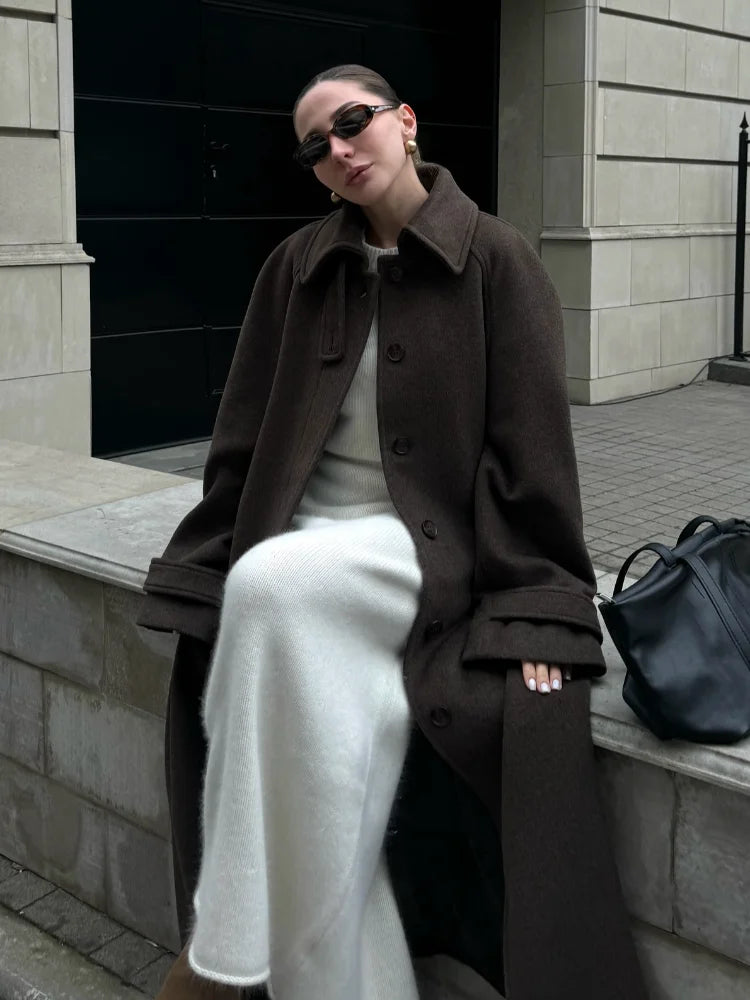 Stand Collar Single Breasted Woolen Lace Up Long Overcoat Women Elegant Full Sleeves Button Pockets Coats New Autumn Winter Tops