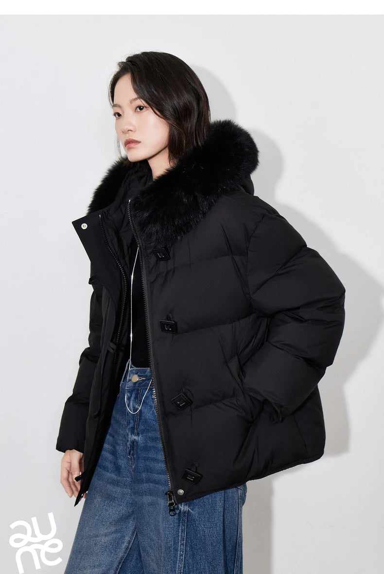 TOYOUTH Women Down Jacket 2024 Winter New 90% White Duck Down Fur Collar Hooded Warm Jacket Coat
