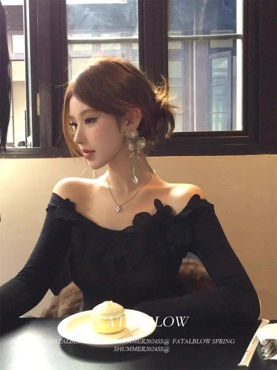 Women Clothes Spring Autumn Fashion Simplicity Solid Color Slash Neck Ladies Trend Pure Desire Wind Long Sleeve Appear Thin Tops